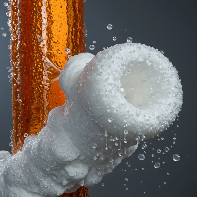 A lowangle, photorealistic closeup of a massive, vertical column of aerated, frothing white foam rising from a basin of dark, viscous petroleum jelly. The foam is not waterbased but composed of dense, creamy microbubbles, each distinct and spherical, creating a chaotic, textured column that stretches upward out of the frame. Embedded within the foam at various intervals are suspended, rigid geometric shapes perfect tetrahedrons and octahedrons made of transparent, bluetinted acrylic. Inside each acrylic shape, a single, frozen splash of molten copper metal is captured in midair, its surface cooling into a metallic orange and gold hue, contrasting with the cool blue of the plastic. The background is a seamless