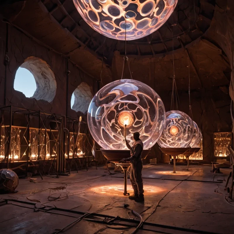 A horizontal, eyelevel wide shot of a colossal, suspended glassblowing workshop drifting through the dense, amberhued atmosphere of a lowgravity desert planet. The workshop is an intricate lattice of transparent reinforced silica tubes and warm, glowing copper frames, filled with swirling currents of heated air that keep molten glass spheres in perpetual, weightless motion. In the center, a master artisan wearing a sleek, protective suit of white ceramic plating with flexible leather joints uses a long, tapered staff of polished mahogany to shape a massive, rotating orb of iridescent, violethued glass that refracts the twin suns into a kaleidoscope of light on the surrounding walls. The floor is a dark, nonreflective slate,
