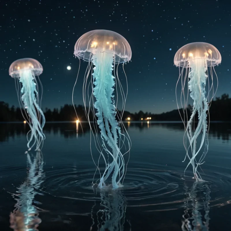 A cluster of levitating, bioluminescent jellyfish floating above a serene, moonlit lake, their tendrils casting a mesmerizing glow on the waters surface, hyperrealistic, 8K, cinematic lighting, volumetric lighting, atmospheric effects, dynamic lighting, bokeh effect, soft focus, lens flare, ethereal blues and shimmering silvers, detailed textures.