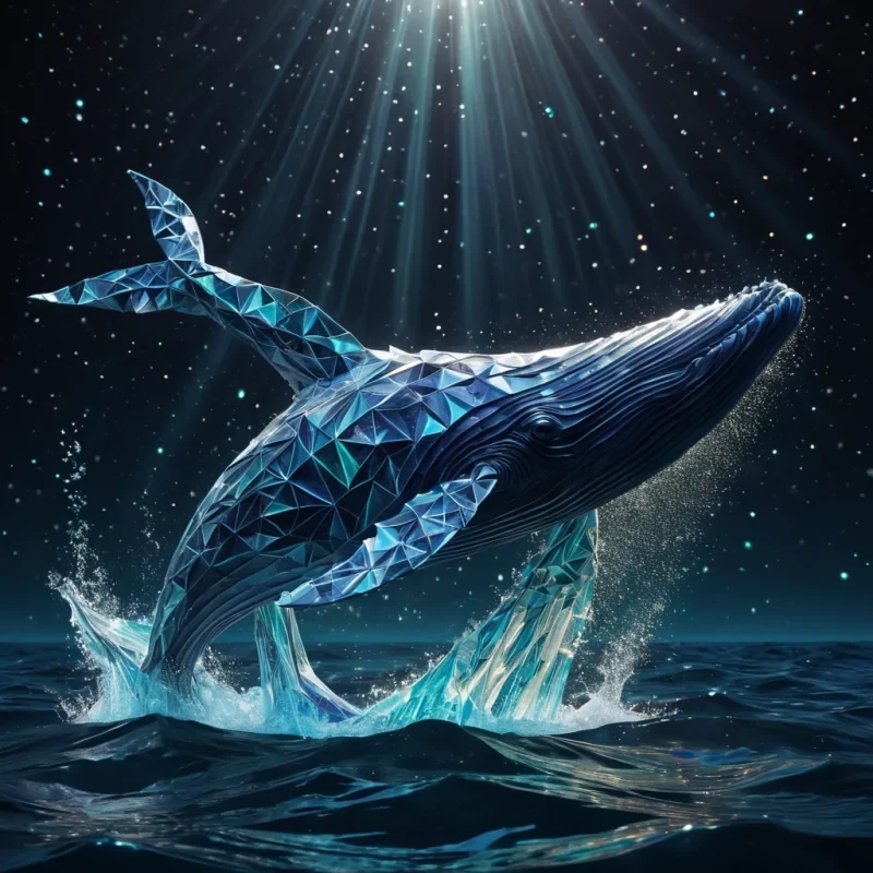 A hyperrealistic, 4K portrait of a lone, sentient, neonlit holographic origami whale breaching gracefully from a vast, bioluminescent ocean, its ethereal form pulsating with intricate, bioluminescent fractal patterns, surrounded by a swirling, kaleidoscopic vortex of stardust and cosmic energy, with cinematic lighting casting dramatic shadows and emphasizing the whales dynamic, fluid movements, and a subtle, warm bokeh effect creating a sense of isolation and wonder.