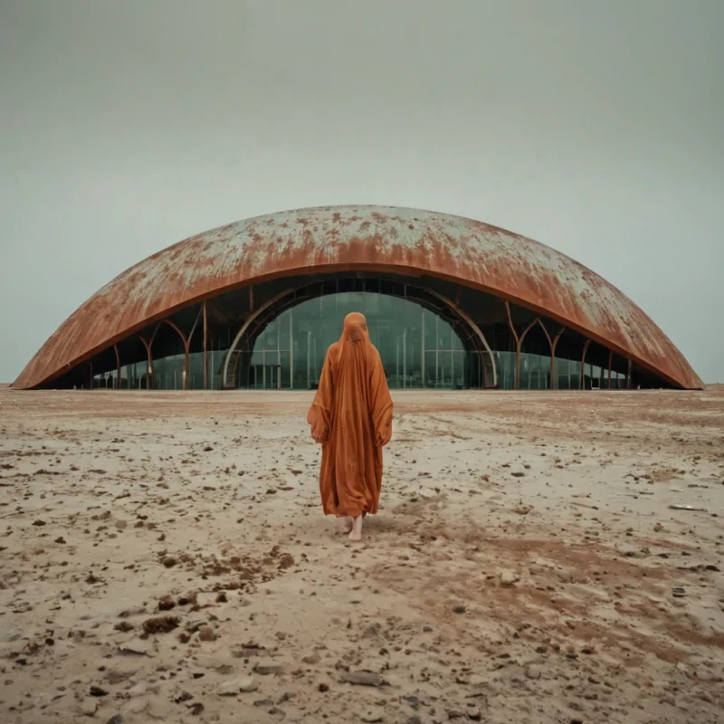 A horizontal, eyelevel wide shot of a vast, arid wasteland composed entirely of compacted, oxidized copper dust in hues of rust orange and verdigris green, under a pale, overcast sky. In the center stands a colossal, monolithic structure resembling a giant, hollowedout seashell made of smooth, white ceramic, its interior illuminated by a soft, diffused glow of warm amber light. Surrounding the structure are hundreds of smaller, domeshaped pavilions constructed from translucent, frosted glass panels that ripple like water when touched by the wind. In the foreground, a figure wearing a flowing, floorlength robe made of layered, translucent silk in shades of cream and gold stands barefoot on the dusty ground