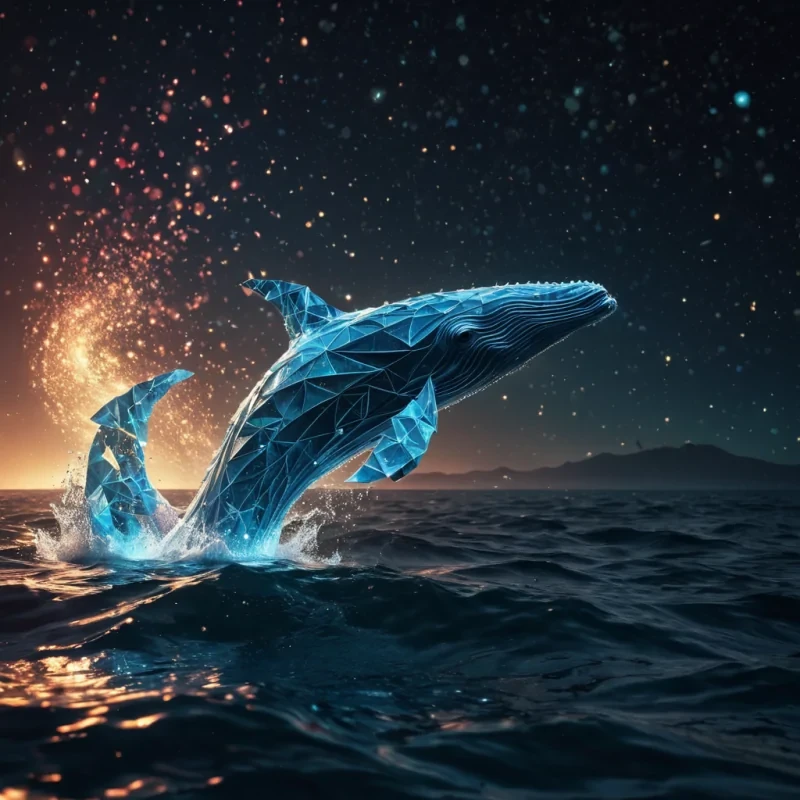 A hyperrealistic, 4K portrait of a lone, sentient, neonlit holographic origami whale breaching gracefully from a vast, bioluminescent ocean, its ethereal form pulsating with intricate, bioluminescent fractal patterns, surrounded by a swirling, kaleidoscopic vortex of stardust and cosmic energy, with cinematic lighting casting dramatic shadows and emphasizing the whales dynamic, fluid movements, and a subtle, warm bokeh effect creating a sense of isolation and wonder.