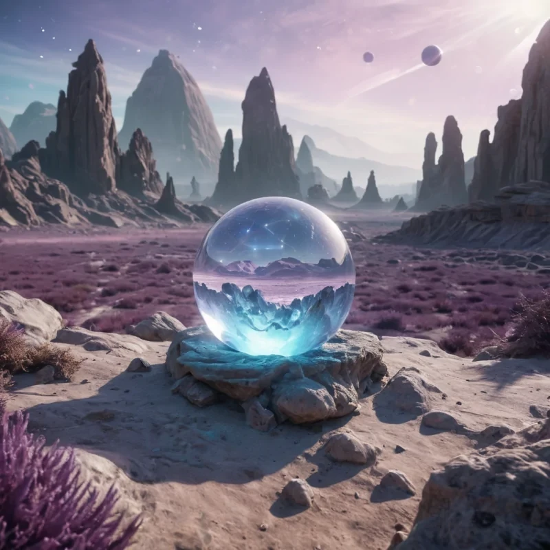 A sentient, crystal orb levitates above a vast, alien landscape, projecting holographic visions of forgotten civilizations onto the surrounding rock formations, hyperrealistic, 8K, cinematic lighting, volumetric lighting, atmospheric effects, dynamic lighting, bokeh effect, soft focus, lens flare, luminescent purples, shimmering silvers, and ethereal blues, detailed textures.