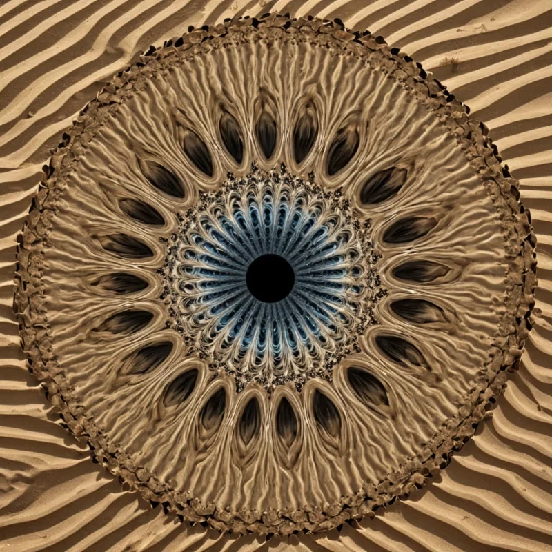 A single, selfilluminating fractal of reversed silence, shaped like a 9,317dimensional kaleidoscope of unformed quiet and inverted resonance, rotates at the center of a vast, inverted desert of solidified windeach dune carved from the exact moment between a breath escaping and its refusal to become sound, a whisper forming and dissolving into nonaudible pressure, a gust rising and collapsing into pure, unmeasured stillness. The kaleidoscope does not reflectit unreflects, each refracting facet shedding a layer of acoustic potential that never coalesced into audible vibration, reforming into ephemeral, moonstonethreaded afterimages shaped like the negative space between two ears that never