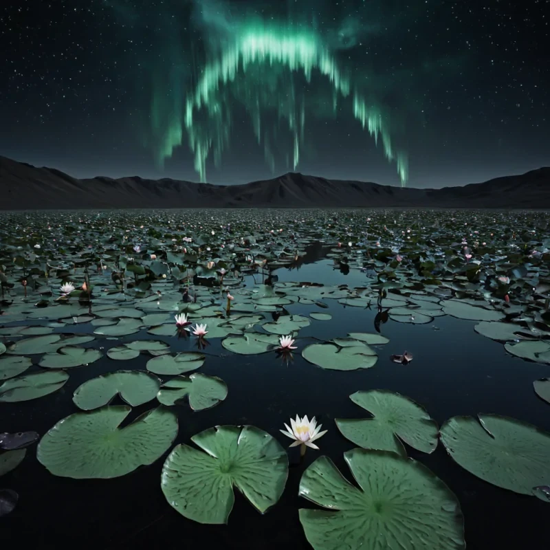 A colossal, selfrepairing archipelago of floating, obsidianhued water lilies drifts through the thermosphere of a planet where time flows sideways, each lily not rooted in mud but anchored in solidified regretits petals carved from the compressed emotional residue of decisions never made. The lilies do not bloom they unbloom, their edges retracting like a memory dissolving in reverse, revealing not emptiness, but the ghostly outlines of choices that never existed, their emotional weight preserved in the crystalline structure of each petal. The sky is not blueit is a slowmotion cascade of inverted auroras, each streak not light but the afterimage of a decision that never unfolded, reforming into a