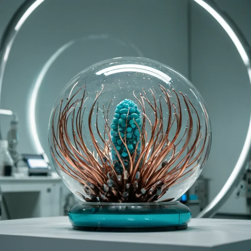 A hyperrealistic, lowangle macro shot of a futuristic botanical laboratory where the primary subject is a massive, translucent seed pod made of thick, flexible silicone, filled with swirling, iridescent oil and suspended metallic shards in hues of copper and turquoise. The pod rests on a curved pedestal of brushed titanium, surrounded by an array of thin, fiberoptic cables that pulse with rhythmic, cool blue data streams. The background is a soft, outoffocus blur of sterile, white medicalgrade paneling, creating a shallow depth of field that isolates the intricate textures of the seed pods semipermeable membrane. Lighting is crisp and clinical, with sharp specular highlights on the liquid surface and subtle chromatic aberration at the edges,