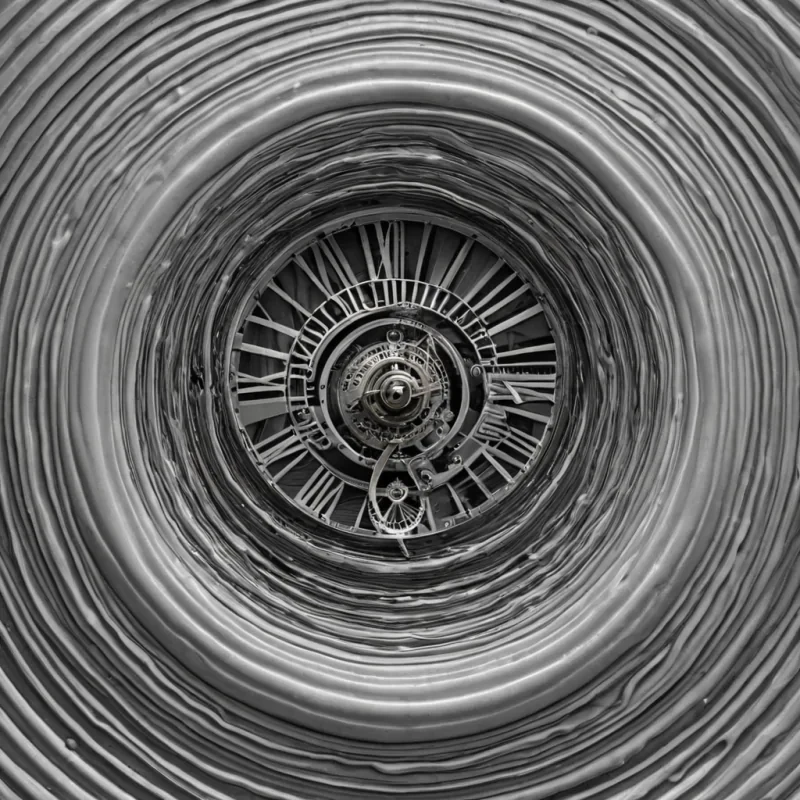 A single, selfoscillating membrane of reversed time, shaped like a 4,192dimensional ripple of unformed chronology and inverted causality, vibrates through the hollow core of a vast, inverted clockwork of solidified stillness. Each fold is spun from the exact moment between a second ticking forward and its refusal to pass, a hand turning on a dial and dissolving into nonprogress, a breath syncing with the rhythm of a frozen hour and collapsing into pure, unmeasured nonsequence. The membrane does not measure timeit unmeasures it, each trembling crease shedding a layer of temporal potential that never coalesced into memory, future, or the weight of being lived. As it pulses backward through