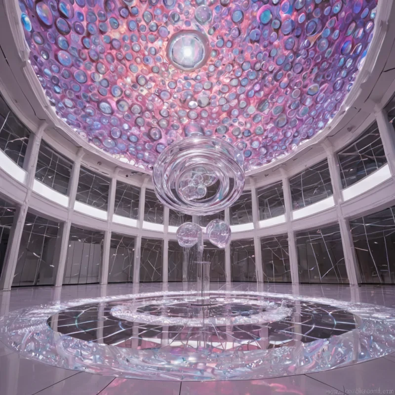 A hyperrealistic, lowangle wide shot of a vast, circular atrium constructed entirely from seamless, translucent sheets of stretched, iridescent mylar that ripple gently in a vacuumsealed environment. The ceiling is a massive, domeshaped array of thousands of individual, hexagonal mirrors that reflect a surreal, stylized sky featuring two pale violet moons and streaks of neon pink nebulae. In the center of the floor, a colossal, intricate sculpture made of interlocking, polished chrome rings rotates slowly, casting sharp, geometric shadows that shift across the glossy, pearlwhite surface. Suspended around the perimeter are dozens of delicate, floating orbs filled with swirling, liquid gold and silver mercury, each bobbing slightly as if underwater. The
