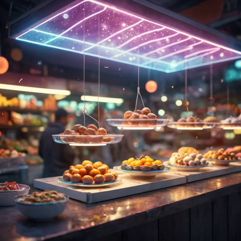 A futuristic market stall selling glowing, levitating food items, each dish emitting soft, pulsating lights, hyperrealistic, ultra HD, cinematic lighting, volumetric lighting, atmospheric effects, dynamic lighting, bokeh effect, soft focus, lens flare, vibrant colors, detailed textures.