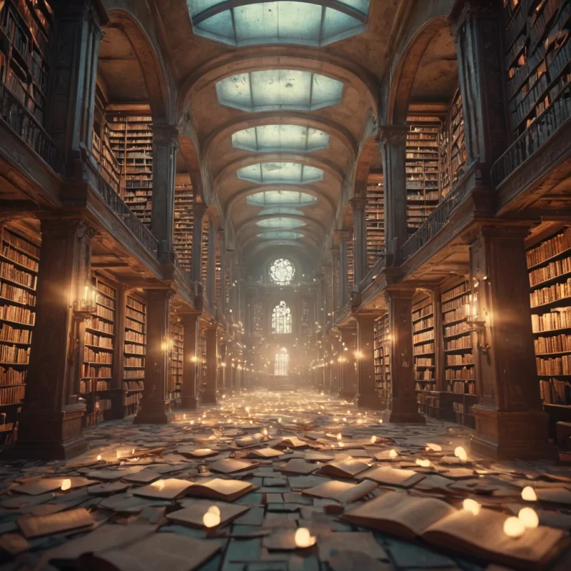 A vast, abandoned library filled with floating, illuminated manuscripts, each one casting a soft glow on the surrounding shelves, hyperrealistic, 4K, cinematic lighting, volumetric lighting, atmospheric effects, dynamic lighting, bokeh effect, soft focus, lens flare, pastel tones, detailed textures.