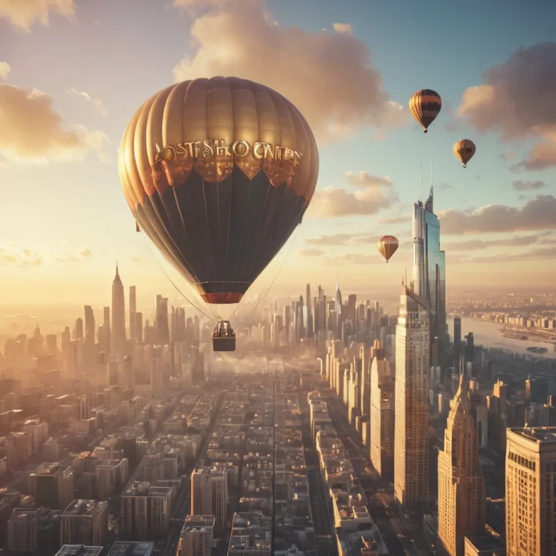 A lone, vintage hot air balloon drifting over a sprawling, futuristic metropolis at dawn, the citys skyscrapers adorned with holographic advertisements reflecting the golden sunlight, hyperrealistic, ultra HD, cinematic lighting, volumetric lighting, atmospheric effects, dynamic lighting, bokeh effect, soft focus, lens flare, pastel tones, detailed textures.
