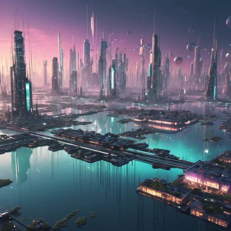 A levitating, futuristic metropolis suspended over a vast, neonlit marsh, with buildings constructed from iridescent, translucent materials that emit a soft glow, hyperrealistic, Ultra HD, cinematic lighting, volumetric lighting, atmospheric effects, dynamic lighting, bokeh effect, pastel tones, detailed textures.