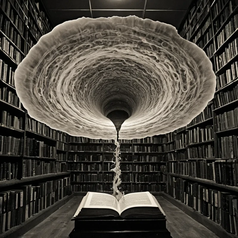 A single, selfrewriting inkwell of reversed memory, shaped like a 7,319dimensional vortex of unformed recollection and inverted nostalgia, floats at the center of a vast, inverted library of solidified forgetting  each book bound from the exact moment between a name being spoken and its refusal to be remembered, a photograph fading in the dark and dissolving into nonvisual silence, a song playing on a radio and collapsing into pure, unmeasured nonresonance. The inkwell does not preserve the past  it unpreserves it, each swirling droplet shedding a layer of mnemonic potential that never coalesced into conscious recall, reforming into ephemeral, sapphireveined afterimages shaped