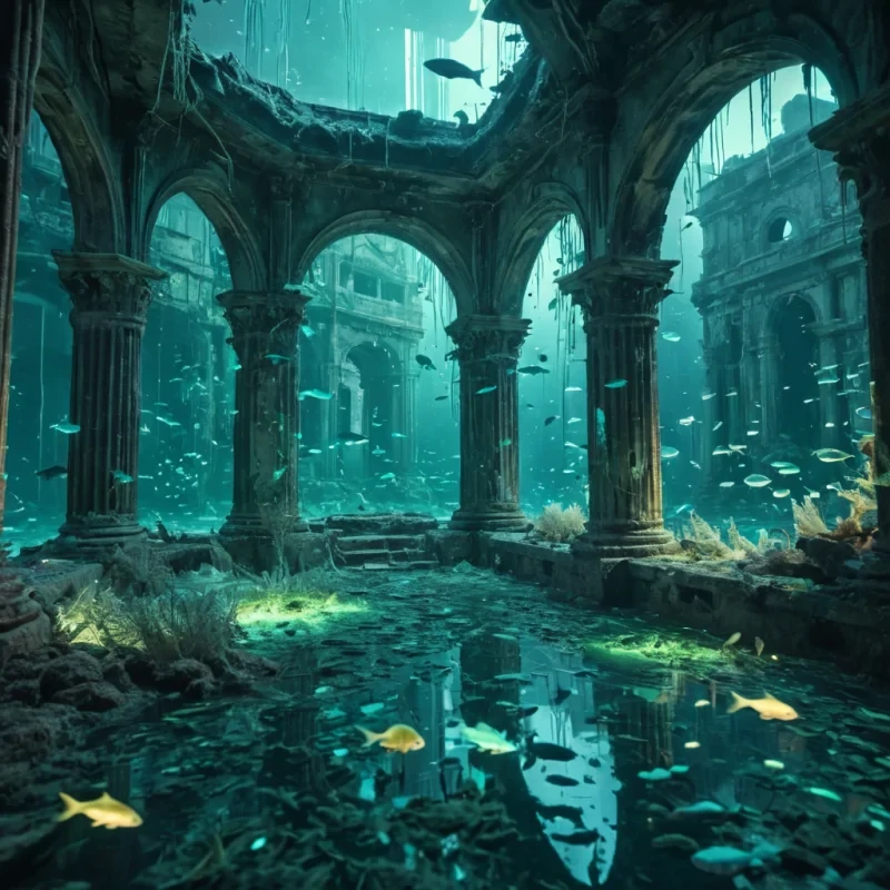 A vast, abandoned underwater city is slowly being reclaimed by bioluminescent algae, casting an ethereal glow through shattered windows, while schools of iridescent fish weave through the ruins, hyperrealistic, 4K, cinematic lighting, volumetric lighting, atmospheric effects, bokeh effect, soft focus, pastel tones, detailed textures.