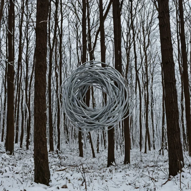 A single, selfunfolding tangle of reversed gravity, shaped like a 3,000,000dimensional knot of unformed weight and inverted mass, drifts at the center of a vast, inverted forest of solidified zerovelocity. Each branch is spun from the exact moment between a leaf falling and its refusal to accelerate, a stone being dropped and dissolving into nonmomentum, a planet forming in the void and collapsing into pure, unmeasured nondensity. The knot does not suspend matterit unsuspends it, each trembling filament shedding a layer of gravitational potential that never coalesced into orbit, pressure, or the weight of being anchored. As it rotates backward through the forests frozen canopy,