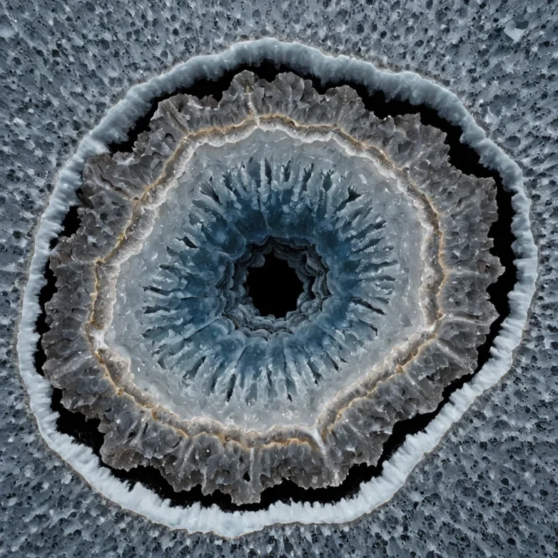 A single, selfilluminating geode of compressed, fossilized laughter and solidified moonlight rests at the center of a vast, still tundra made entirely of powdered stardust and frozen breath, its surface not crystalline but porous, each cavity pulsing with the faint, bioluminescent afterimage of a lullaby sung in a language that no longer exists. The geode does not openit breathes, expanding and contracting with the rhythm of a heartbeat that never occurred, its interior revealing not minerals but layered, concentric rings of solidified silence, each ring etched with the thermal signature of a whisper that was never heard. The tundra beneath is not frozenit is a thick, viscous layer of