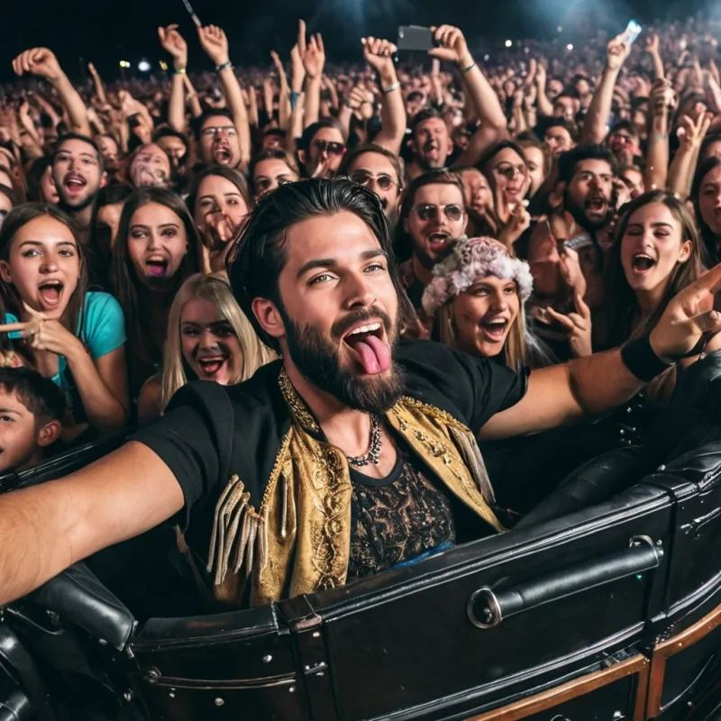A very clear modern picture of a dark haired, modern handsome king with a beard riding in an royal open carriage amongst a happy crowd of EDM concert goers. One person in the crowd sticks her tongue out at him, doesn't like the king.