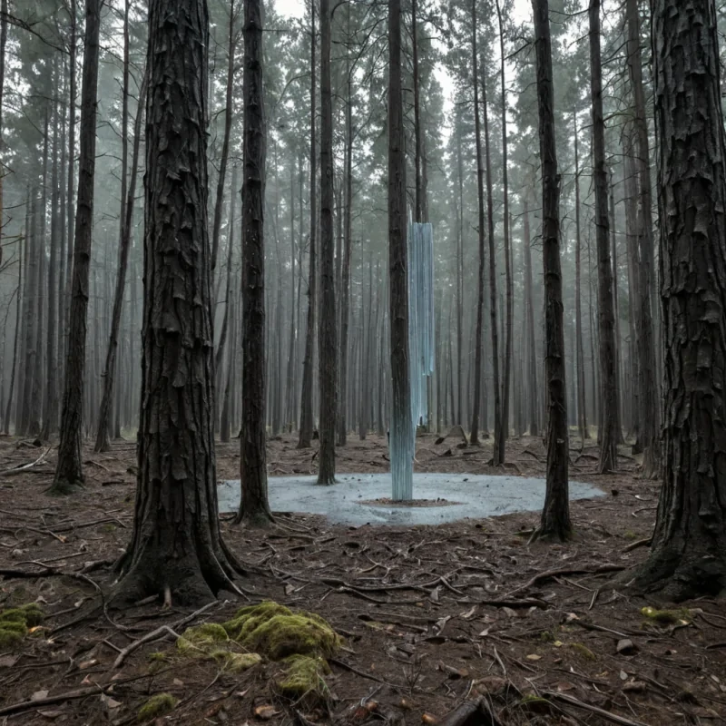 A single, selfsustaining raindrop made of solidified silence hangs suspended in the center of a vast, still forest composed entirely of inverted, petrified laughter, each tree not wood but a crystalline column of compressed, unspoken apologies from a civilization that communicated through the weight of unsaid words. The raindrop does not fallit pulses, expanding and contracting with the rhythm of a breath that never existed, its surface etched with the negative space between two hands that never held, each ripple revealing the ghostly outline of a tear that was almost shed, glowing with the faint, subsonic resonance of a confession whispered into the wind. The forest floor is not soilit is a layered expanse of frozen breaths from a