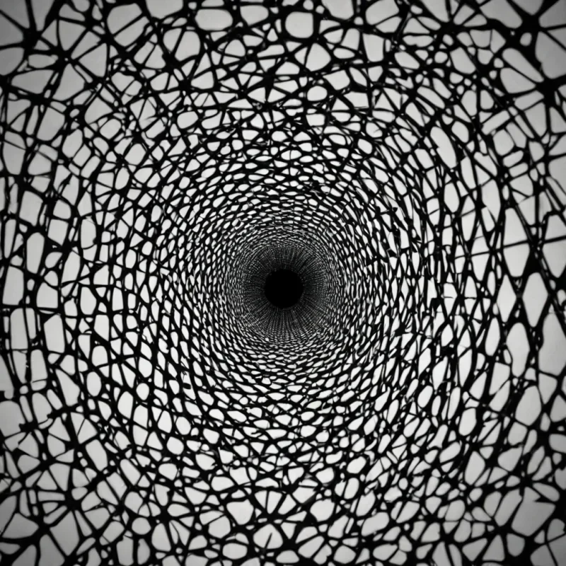 A single, selfilluminating lattice of reversed perception, shaped like a 403dimensional web of unformed sight and inverted awareness, drifts through the center of a vast, inverted observatory of solidified blindnesseach lens fractured at the exact moment between an eye focusing and its refusal to see, a reflection forming and its sudden collapse into pure shadow, a starburst captured and its unraveling into nonluminous void. The lattice does not perceiveit unperceives, each shimmering filament shedding a layer of visual potential that never coalesced into a shared gaze, reforming into ephemeral, chrysoprasethreaded afterimages shaped like the negative space between two pupils that never dilated in unison