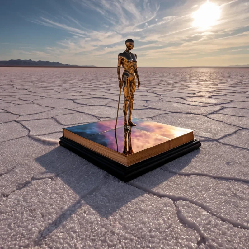 A wideangle, cinematic shot of a vast, arid salt flat under a sky streaked with horizontal bands of iridescent oilslick colors, where the ground is a mirror of glassy, crystalline white that perfectly reflects the heavens. Rising from the center is a massive, monolithic structure shaped like a giant, open book, but its pages are made of thousands of thin, vertical slats of polished rose gold that sway gently in an invisible wind, creating a rippling, wavelike motion. Perched on the spine of this golden structure is a solitary figure wearing a sleek, formfitting suit of matte black ceramic armor, holding a long, slender staff topped with a floating, glowing orb of pure white light. The scene