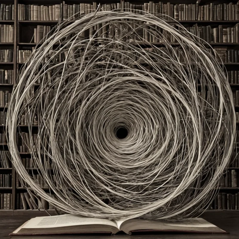 A single, selferoding filament of reversed time, shaped like a 1029dimensional tangle of unformed chronology and inverted causality, pulses at the center of a vast, inverted library of solidified silenceeach bookshelf carved from the exact moment between a page being turned and its refusal to turn, a sentence being read and dissolving into nonsemantic dust, a thought forming and collapsing into pure, unanchored void. The filament does not measureit unmeasures, each trembling coil shedding a layer of temporal potential that never coalesced into a shared sequence, reforming into ephemeral, obsidianthreaded afterimages shaped like the negative space between two hands that never held the same hour. The