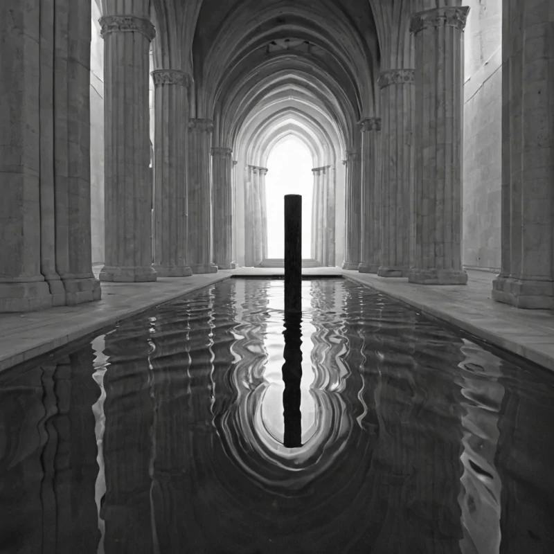 A single, selfreflecting pool of reversed silence, shaped like a 523dimensional mirror of unformed quiet and inverted stillness, floats at the center of a vast, inverted cathedral of solidified soundeach column carved from the exact moment between a whisper forming and its refusal to be heard, a chime ringing and dissolving into nonacoustic dust, a breath held and collapsing into pure, unmeasured absence. The pool does not contain silenceit uncontains it, each rippling surface shedding a layer of auditory potential that never coalesced into a shared resonance, reforming into ephemeral, silverthreaded afterimages shaped like the negative space between two ears that never leaned in to listen to the silence between words.