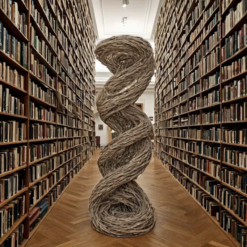 A single, selfsynthesizing thread of reversed language, shaped like a 4,201dimensional knot of unformed syntax and inverted meaning, pulses at the center of a vast, inverted library of solidified silence  each bookshelf carved from the exact moment between a word forming in the mind and its refusal to be spoken, a sentence unraveling before it begins, a whisper dissolving into nonsemantic void. The thread does not convey thought  it unconveys it, each fraying strand shedding a layer of linguistic potential that never coalesced into coherent expression, reforming into ephemeral, opalfilamented afterimages shaped like the negative space between two lips that never parted. Around it, the air