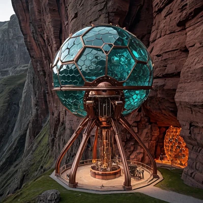 A hyperdetailed, isometric crosssection of a colossal, spherical observatory built into the side of a steep, vertical cliff face made of rough, textured red sandstone. The interior is a honeycomb of thousands of tiny, hexagonal glass domes, each housing a single, glowing crystal that pulses with a soft, bioluminescent teal light. In the center of the sphere, a massive, intricate gear mechanism made of brushed copper and polished mahogany slowly rotates, connecting the individual domes via slender, brass arms that extend outward like the legs of a giant insect. A solitary figure dressed in a heavy, woolen coat of deep burgundy and a widebrimmed felt hat stands on a narrow, irongrate walk