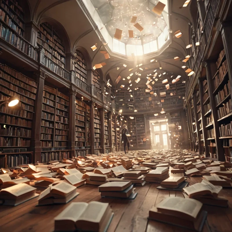 A vast, abandoned library filled with levitating books that emit soft, pulsating light, while a lone, robotic librarian meticulously organizes the airborne tomes, hyperrealistic, 8K, cinematic lighting, volumetric lighting, atmospheric effects, dynamic lighting, bokeh effect, soft focus, lens flare, pastel tones, detailed textures.