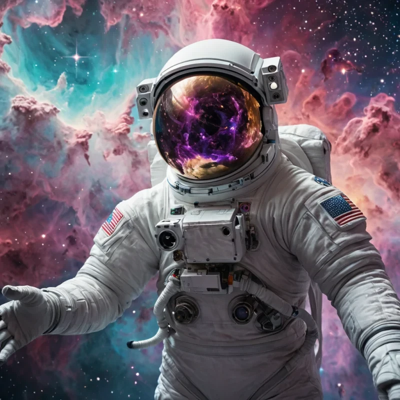 Nebula Nectar A hyperrealistic, Ultra HD astronaut, their spacesuit adorned with vibrant, detailed textures, floats weightlessly in the heart of a mesmerizing, cinematic nebula. The nebulas ethereal, pastel hues cast a soft, bokeh effect, illuminating the astronauts serene expression as they reach out towards a colossal, iridescent, crystalline structure. Volumetric lighting accentuates the structures intricate, geometric patterns, while atmospheric effects create a swirling, otherworldly mist. The astronauts reflective visor captures the nebulas dynamic, dynamic lighting, revealing a mesmerizing, ultraHD cosmic dance.