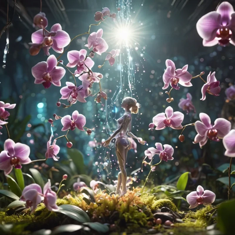 A levitating garden filled with floating, luminescent orchids, where ethereal, winged humanoids harvest glowing pollen with delicate, iridescent tools, hyperrealistic, 4K, cinematic lighting, volumetric lighting, atmospheric effects, dynamic lighting, bokeh effect, soft focus, lens flare, pastel tones, detailed textures.