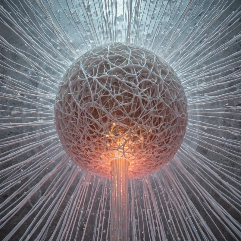 A highangle, vertical composition capturing a massive, suspended dome of woven, mattewhite mycelium structures, resembling a giant, intricate nest, floating in a sterile, white void. The dome is constructed from thousands of interlacing, rigid strands that pulse with a slow, rhythmic, soft coralpink bioluminescence. Embedded within the weblike structure are hundreds of tiny, perfectly spherical droplets of liquid gold, each one frozen in midsuspension, reflecting the pale light from below with sharp, metallic clarity. Below the dome, a single, slender column of iridescent, oilslick fluid rises vertically, piercing the bottom of the structure and dispersing into a fine, shimmering mist at the top. The
