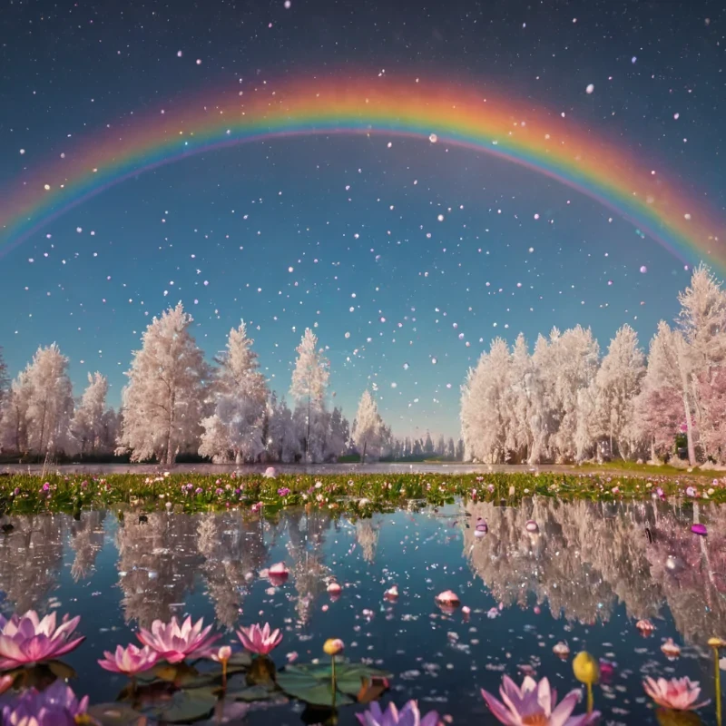 Beneath the vivid glow of a double rainbow, a serene salt crystal meadow stretches into the distance, its shimmering formations glistening with prismatic light. A tranquil lake in the foreground reflects the pastel tones of the sky, dotted by floating lotus pods that emit gentle, glowing orbs like planetary seeds. An ethereal foxshaped entity with radiant, white fur glides gracefully through the air, itsskill its trail marked by cascading stardust particles. The background is adorned with floating crystal spheres, each one refracting the sunlight into vibrant, refractive beams that dance atop the waters surface. The overall atmosphere is imbued with soft focus and a mesmerizing bokeh effect, where every element is bathed