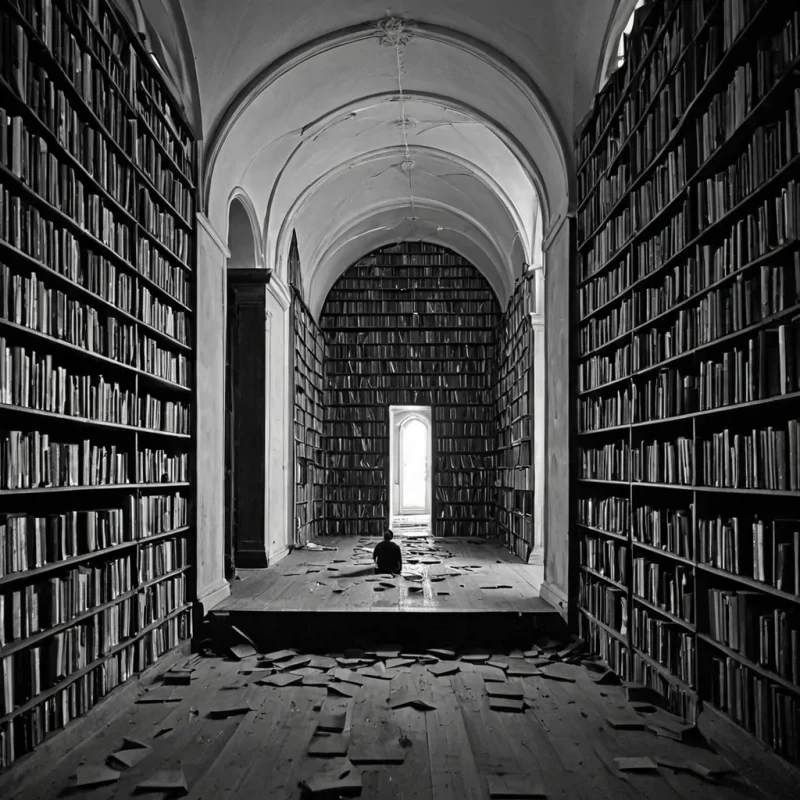 A single, selferoding archive of reversed silence, shaped like a 17,203dimensional library of unformed stillness and inverted quiet, rests at the center of a vast, inverted cathedral of solidified sound  each bookshelf carved from the exact moment between a whisper fading into air and its refusal to linger, a door closing and dissolving into nonacoustic emptiness, a heartbeat syncing with a distant train and collapsing into pure, unmeasured nonvibration. The archive does not contain silence  it uncontains it, each crumbling volume shedding a layer of auditory potential that never coalesced into perceptible resonance, reforming into ephemeral, obsidianthreaded afterimages shaped like the negative space between breath