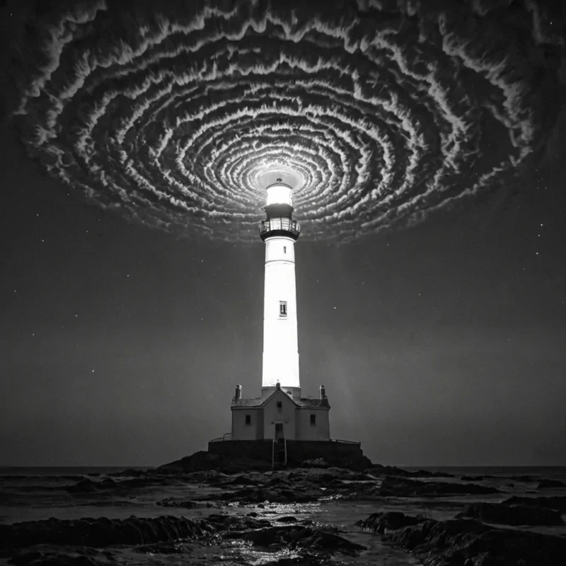 A single, selfsiphoning filament of reversed nostalgia, shaped like a fractal tangle of unremembered childhood whispers, drifts through the center of a vast, inverted lighthouse built from the compressed, unlit moments of a civilization that communicated through the duration of synchronized, silent watching of the same unlit beacon. The filament does not recallit unremembers, each pulse dissolving a layer of warmth that never coalesced into a shared memory, reforming into ephemeral, rosequartzveined afterimages shaped like the negative space between two hands that never held the same flashlight in the same moment of mutual wonder. The lighthouse is not maritimeit is a stratified expanse of petrified longing, each