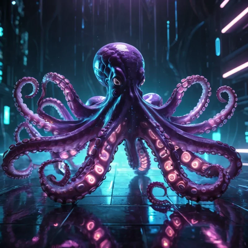 Photorealistic, colossal, undulating, neonlit, cybernetic octopus, its hyperrealistic, 4K, metallic tentacles pulsating in ultra HD, casting intricate, dynamic shadows on the mirrored, geometric surface of an infinite, neonkissed void. Volumetric lighting accentuates the creatures ethereal, bioluminescent form, while atmospheric effects create a mesmerizing, cyberpunk haze. Cinematic lighting bathes the scene in vibrant, electric blues and purples, with lens flare emphasizing the octopus central, radiant, pulsating, cybercrystal heart, pulsating with captive, digital data.