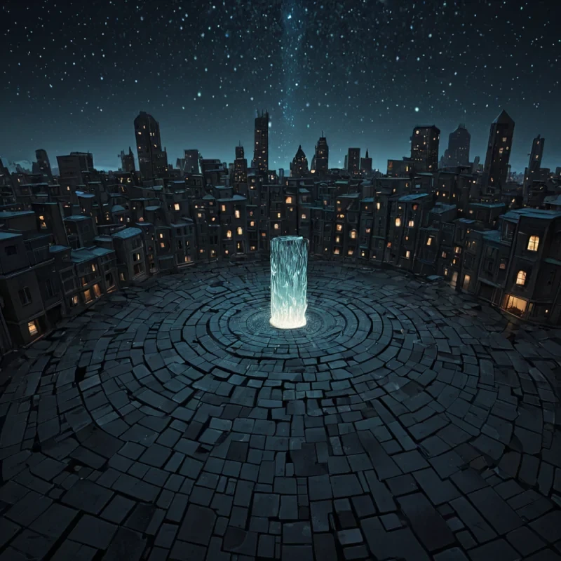 A single, floating city of inverted geometry constructed from solidified laughter and woven starlight hovers above a sea of liquid silence, its buildings not vertical but spiraling inward like the coils of a forgotten dream. The streets are not paved with stone, but with layers of compressed breath from a thousand unshared secrets, each one glowing faintly with the emotional resonance of a smile that was never shown. The city does not rest on cloudsit floats in a void of inverted time, where shadows move backward and rain falls upward in slow, crystalline droplets that shatter into constellations of regret, hope, or quiet resolve. At its center, a hollow, geometric fountain made of solidified empathy emits not water, but a slow, rotating