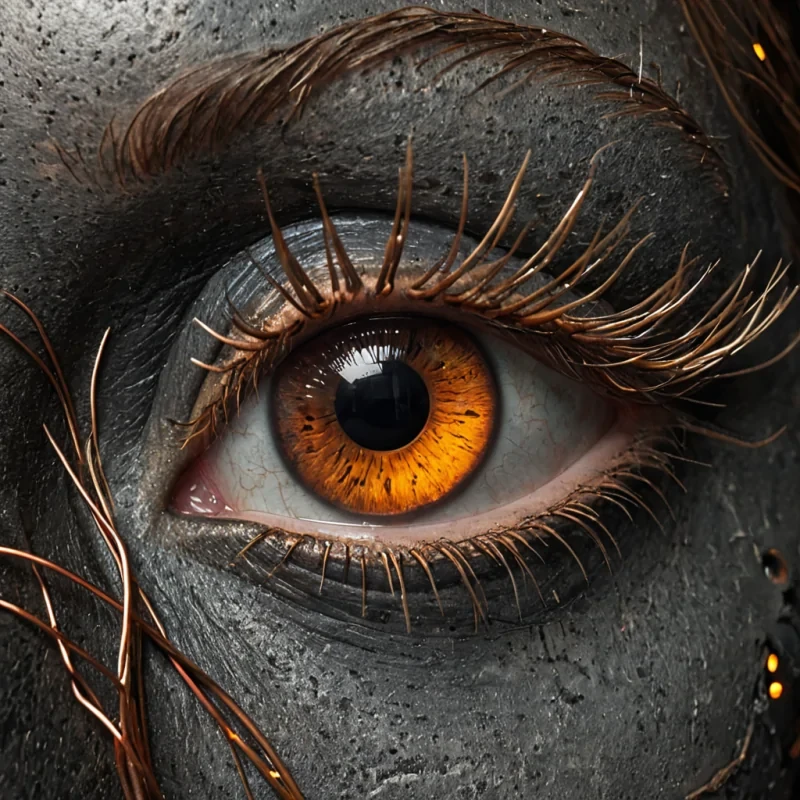 A hyperrealistic, extreme closeup of a human eye where the sclera is replaced by a seamless, matte, charcoalgray concrete surface with subtle, hairline fractures. The iris is a complex, rotating gyroscope of interlocking, rusted brass gears and thin, copper wire coils, moving with slow, mechanical precision. The pupil is a perfect, black sphere of liquid ink that ripples slightly, reflecting a tiny, distorted image of a distant, neonlit cityscape. The eyelashes are not hair, but slender, flexible filaments of brushed steel, each tipped with a tiny, glowing LED diode emitting a soft, warm orange light. The skin around the eye is smooth, poreless, and has a metallic sheen