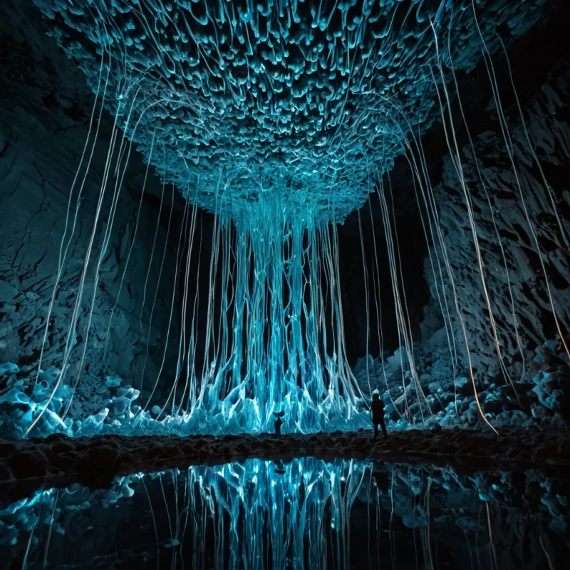 A vertical, lowangle macro perspective of a colossal, translucent corallike structure growing from the ceiling of a subterranean salt cavern, where the branches are composed of layered, frosted glass that refracts light into prismatic rainbows. The core of the structure pulses with a soft, rhythmic bioluminescence in shades of deep indigo and electric cyan, resembling a neural network firing in slow motion. Surrounding the central form are thousands of tiny, autonomous drones made of polished brass and delicate silk ribbons, hovering in a synchronized swarm that creates a fluid, wavelike pattern in the air. The floor below is a mirrorlike pool of liquid mercury, perfectly reflecting the inverted, glowing canopy above. In the foreground, a solitary figure