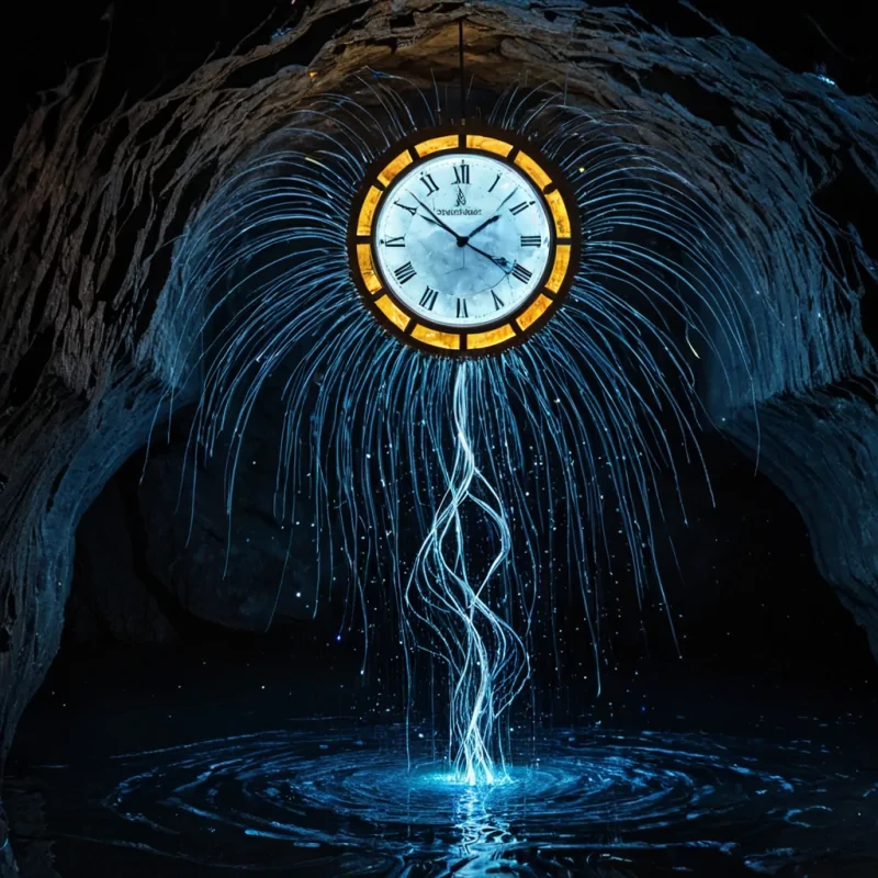 A colossal, iridescent clock made of woven soundwaves hangs suspended in a cavern of solidified silence, its hands carved from frozen lightning and ticking in reverse. Each gear is a swirling vortex of compressed time, emitting faint, harmonic pulses that ripple through the air like ripples in a still pond. The clock face is not glass, but a living mosaic of shifting auroras, reflecting not hours, but moments of human emotionjoy as golden sparks, sorrow as deep indigo pools, and longing as slowmoving constellations. Around it, suspended in midair, are hundreds of tiny, glowing hourglasses, each containing a different color of light, draining into the clocks center like a river of emotion. The cavern walls are