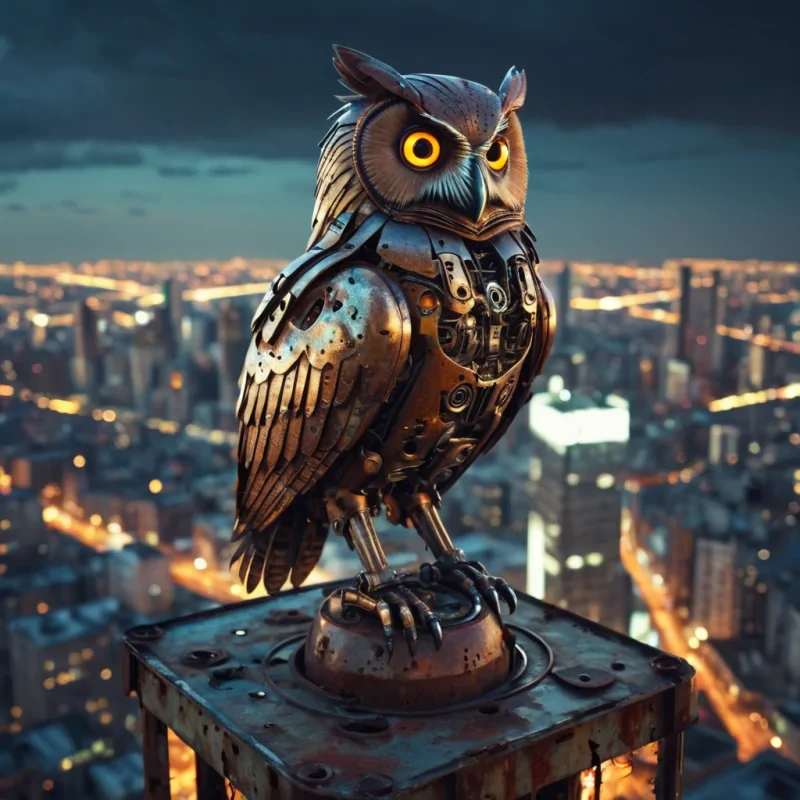 A lone, mechanical owl perched on a rusted, neonlit antenna atop a derelict skyscraper, overlooking a cityscape of floating, dilapidated structures, hyperrealistic, ultra HD, cinematic lighting, volumetric lighting, atmospheric effects, dynamic lighting, bokeh effect, soft focus, lens flare, vibrant colors, detailed textures.