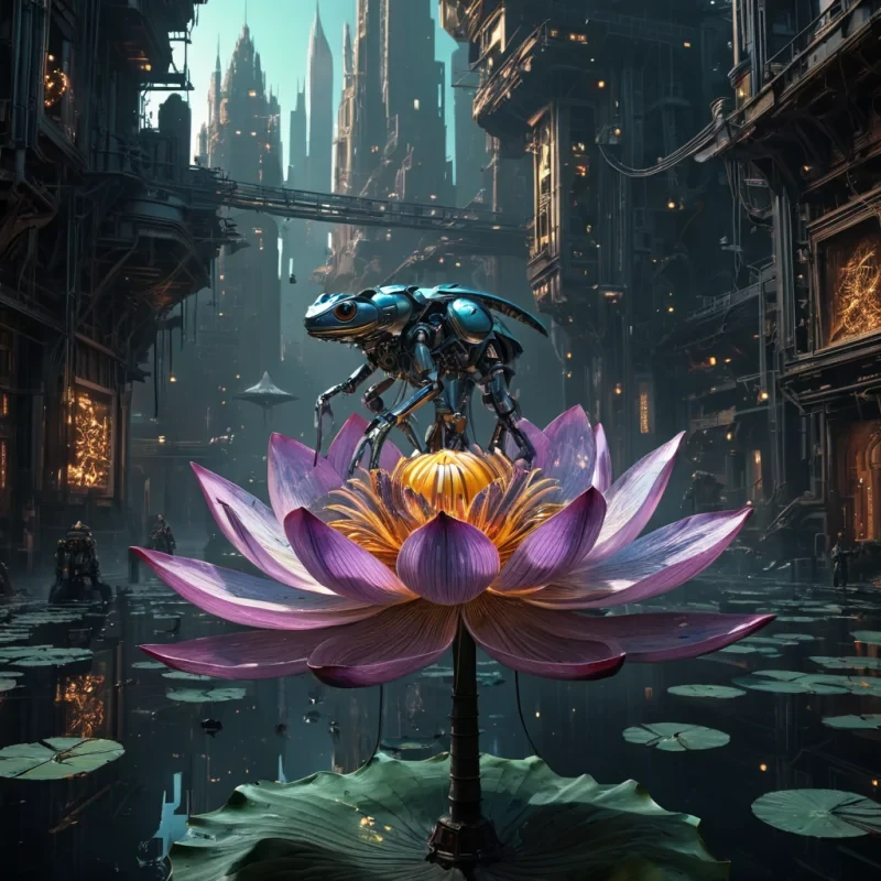A colossal, ancient, mechanical lotus, its metallic petals unfurling to reveal a labyrinthine, neonlit city within, blooms from the heart of a vast, undulating, obsidian plain. Suspended within the lotus stamen, a holographic, sentient, mechanical swarm of dragonflies dances, casting ephemeral shadows on the citys inhabitants sentient, robotic, reptilian creatures. Rendered in ultra HD, with volumetric lighting, atmospheric effects, and vibrant colors, evoking a sense of surreal, otherworldly wonder.