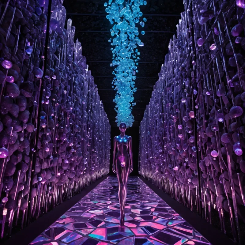 A horizontal, eyelevel medium shot of a vast, geometric marketplace suspended within a colossal, hollowedout geode made of deep violet amethyst, where the crystalline walls refract light into sharp, prismatic beams that dance across the floor of polished black basalt. Floating stalls constructed from translucent, bubblelike membranes of iridescent plastic drift at various heights, each containing exotic, nonterrestrial produce clusters of glowing, gelatinous orbs in hues of electric blue and neon pink, and long, slender stalks of metallic silver that hum with a faint vibration. In the foreground, a figure wearing a sleek, asymmetrical outfit made of woven optical fibers and matte white ceramic armor pieces stands on a narrow, suspended walkway of