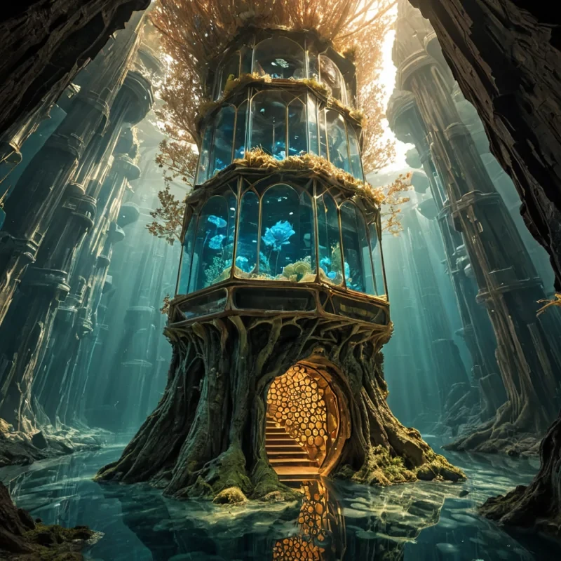 A wideangle, isometric view of a submerged, vertical city built inside the hollowedout trunk of a colossal, petrified sequoia fossil. The interior walls are lined with hexagonal honeycomb structures made of translucent, amberhued resin, each cell housing a small, glowing ecosystem of bioluminescent moss and tiny, crystalline flowers. Sunlight filters through a massive, circular opening at the top of the trunk, casting long, dramatic rays of golden light that illuminate the misty air below. Suspended between the honeycomb layers are intricate, spiral staircases made of polished rose gold and clear acrylic, connecting the various levels of habitation. A solitary figure, wearing a sleek, translucent diving suit with integrated neon blue lighting