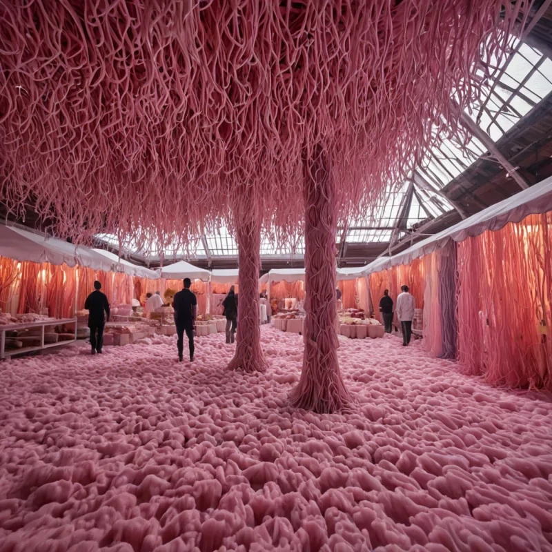 A wideangle, eyelevel shot of a sprawling, organic marketplace suspended in a void of soft, diffuse pink haze, where the stalls are grown from large, fleshy, translucent coral structures rather than wood or metal. The floor is a continuous, undulating sheet of soft, matte white foam that absorbs sound and light, creating a sense of silence and cushioning. Vendors, depicted as elegant, tall figures made of woven, iridescent silk threads, serve goods that are not physical objects but floating, dense clusters of colored static and humming geometric shapes. The lighting is ambient and sourceless, emanating from the materials themselves, with deep, velvety shadows pooling in the crevices of the coral. The atmosphere