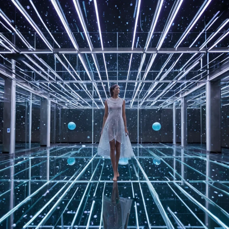 A horizontal, eyelevel wide shot of a serene, suspended atrium where the floor is a seamless expanse of polished, mercurylike liquid metal that perfectly reflects the ceiling above. The ceiling consists of a complex, geometric lattice of slender, glowing neon tubes in cool cyan and electric violet, forming a vast, threedimensional constellation map that shifts slowly. Floating gently above the liquid floor are dozens of large, hollow glass spheres, each containing a miniature, selfcontained weather system with tiny cumulus clouds, rain, or snow swirling within. In the center, a figure stands barefoot on the reflective surface, wearing a highcollared, sheer white dress woven from optic fibers that pulse with soft, rhythmic light, their hand extended toward the nearest