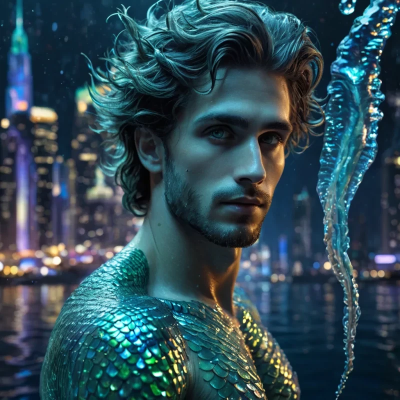 A hyperrealistic, 4K, ultra HD portrait of a holographic merman, his iridescent scales shimmering with the colors of a vibrant underwater city at night. The mermans eyes, a deep, enigmatic sapphire, hold the secrets of a thousand aquatic mysteries. His hair, a cascade of shimmering, seaweedlike tendrils, gently pulses with each beat of his aquatic heart. The background is a surreal, hightech underwater metropolis filled with floating crystal spires and the soft glow of bioluminescent algae. Cinematic lighting accentuates the mermans otherworldly beauty, while a subtle bokeh effect blurs the neonlit ocean depths, creating an intimate, focused atmosphere.