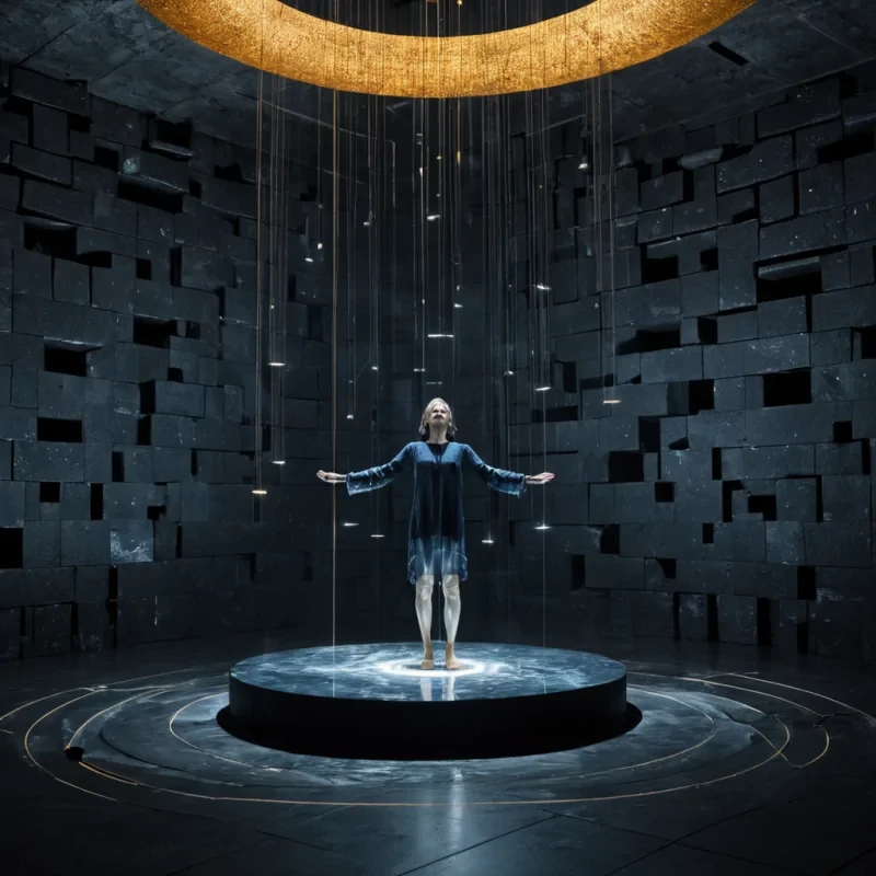 A horizontal, eyelevel medium shot of a minimalist, acoustic resonance chamber constructed from smooth, matteblack basalt blocks suspended in a void of deep indigo mist. The room is defined by a series of concentric, floating rings of polished mercury that ripple with subtle, soundinduced vibrations, reflecting the soft, cool blue ambient light from unseen sources. In the center, a composer with pale, serene features and wearing a highcollared, textured charcoal tunic stands barefoot on a resonant crystal platform, their eyes closed as they conduct an invisible orchestra. Thin, luminous strands of golden light connect their fingertips to floating, geometric instruments made of solidified glass and amber, which hum with a visible, pulsating aura. The air is
