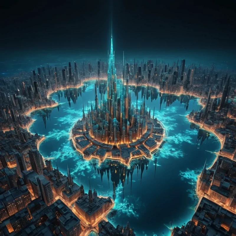 A hyperrealistic, 4K, ultra HD depiction of a surreal, opalescent city floating amidst a vast, cerulean ocean. The citys geometric structures and undulating spires are etched in intricate, fractal patterns that shimmer in vibrant, prismatic hues. Volumetric lighting from a distant, pulsating, bioluminescent source bathes the scene in a mesmerizing symphony of colors. Cinematic lighting accentuates the citys central, radiant, luminescent pool, its rippling, liquid surface casting ethereal reflections on the surrounding, geometric formations. Photorealistic, fractal, zerogravity water formations unfurl in a surreal dance, creating an otherworldly, aquatic ballet.