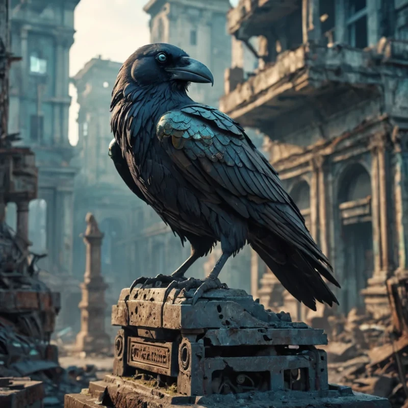 A lone, cybernetic raven perches on a crumbling, ancient statue in a postapocalyptic city, its mechanical eyes glowing with an eerie intelligence, hyperrealistic, 4K, cinematic lighting, volumetric lighting, atmospheric effects, dynamic lighting, bokeh effect, soft focus, lens flare, rusted metals, faded blues, and neon greens, detailed textures.
